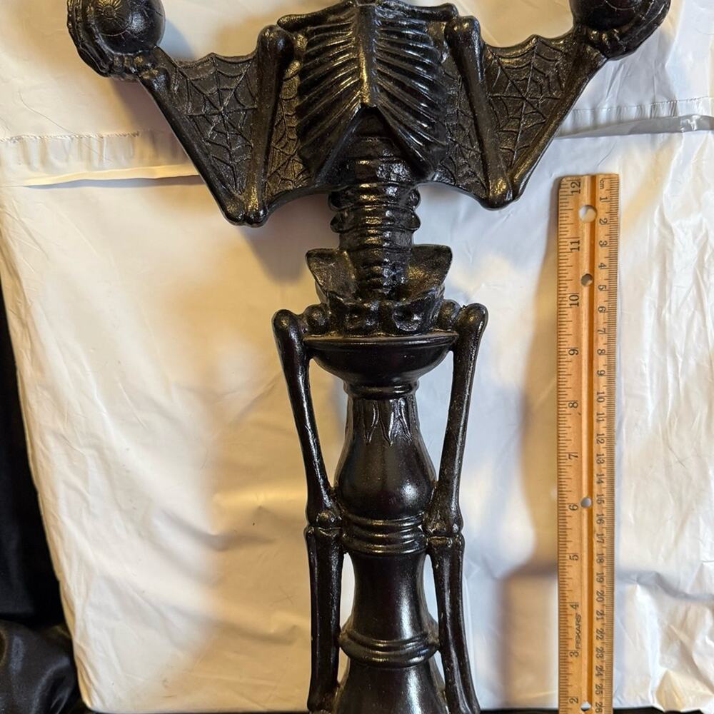 18” gothic resin skeleton candelabra with bat wings castlecore